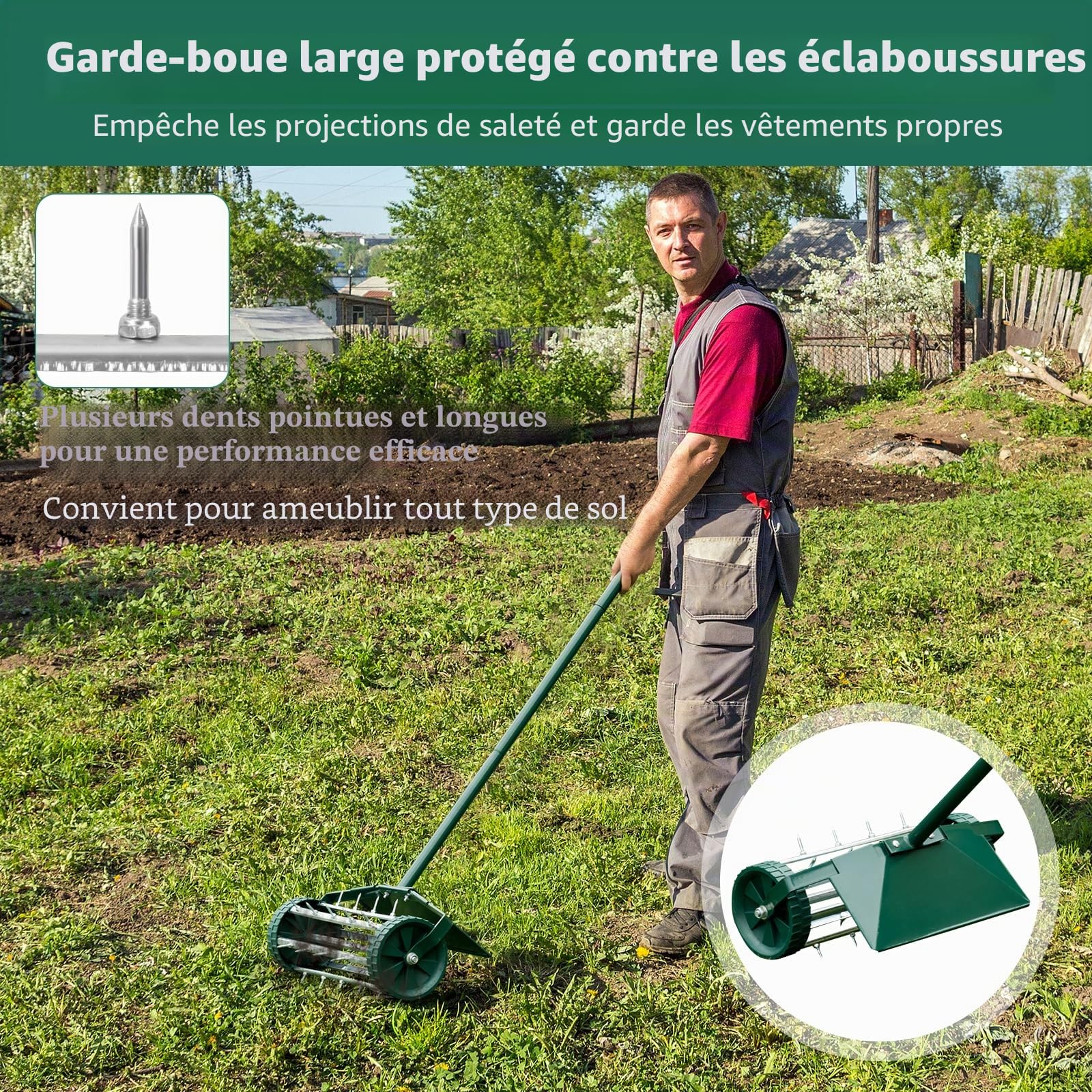 SOARS Rouleau Aérateur Gazon, Rouleau φ 15 CM, Scarificateur Manuel en Métal avec Clous de 3 CM, Protection Anti-Éclaboussures, Manche, pour l'Entretien de la Pelouse (46 X 23 X 127 CM)
