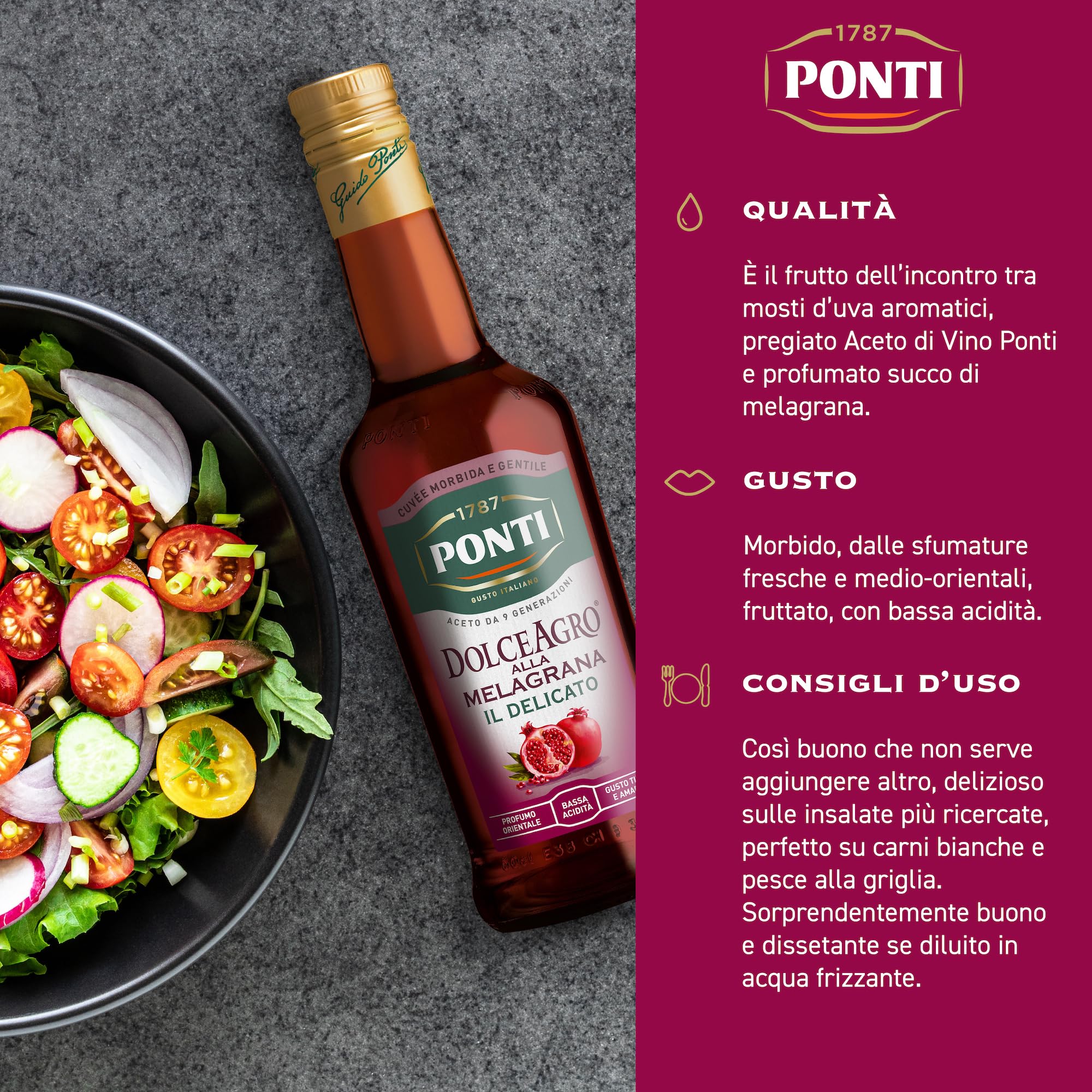 Ponti, DolceAgro alla Melagrana, Gusto Tipico e Amabile, dal Profumo Orientale e dalla Bassa Acidità, Ideale per Insalate e anche per le Carni Bianche, 100% Made in Italy, 6 Bottiglie da 500 ml