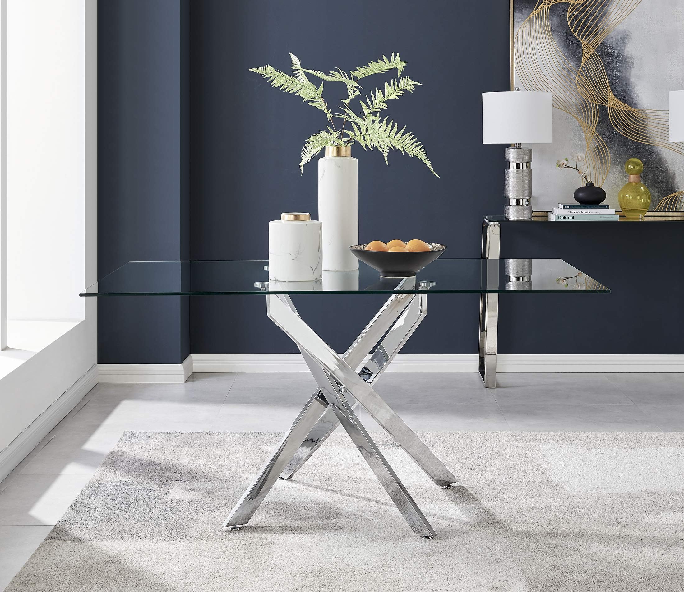 Furniturebox UK Glass Dining Table - Leonardo 6 Seater Silver Chrome Leg Rectangular Tempered Glass & Metal Modern Stylish Dining Table 150cm x 90cm