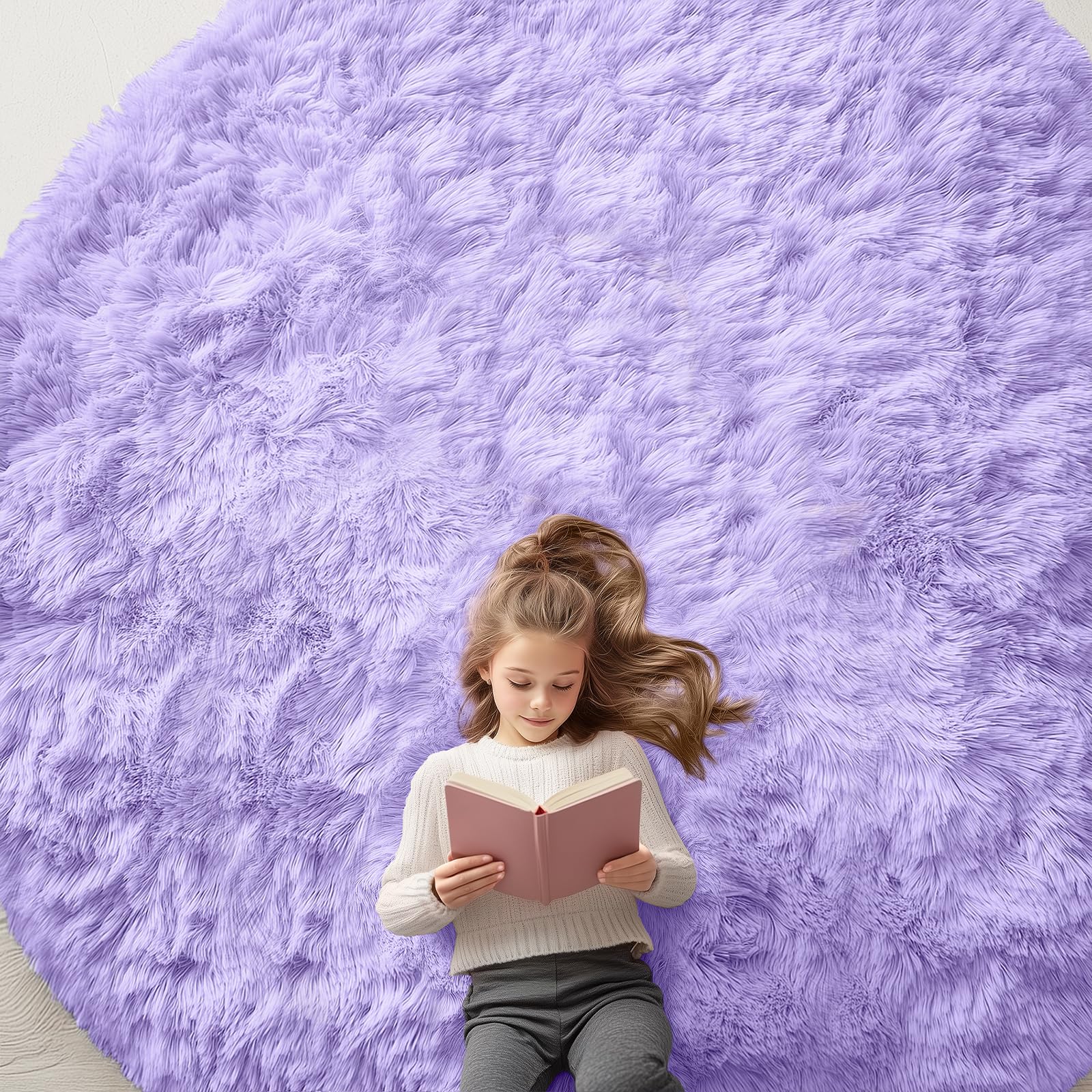 OLANLY Light Purple Round Rugs for Bedroom - Machine Washable, 9 ft Circle Area Rugs for Living Room, Soft and Fluffy Shaggy Carpet for Teen Girls and