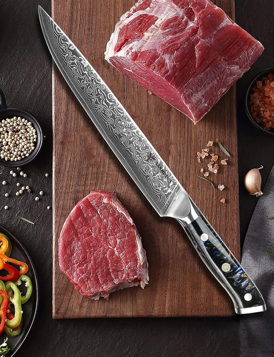 Carving Knife - 9 inch Kitchen Meat Cutting Slicing Knife- Xuan Series - VG10 Damascus Steel with Resin Handle (Starry Black)