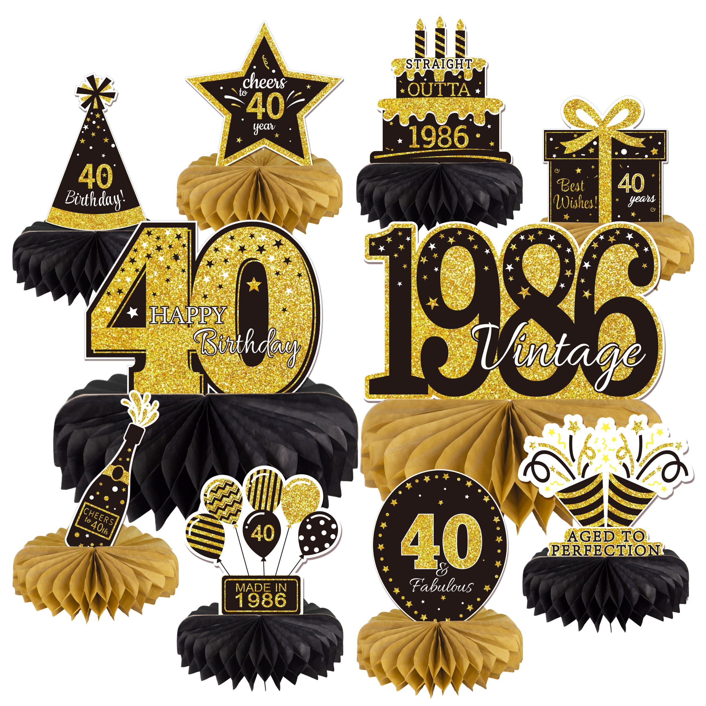 10PCS 40th Birthday Decorations Centerpieces for Table Decorations, 2026 Vintage 1986 Honeycomb Table Topper Back in 1986 Birthday Party Decoration for Men and Women (Gold &amp; Black, 40 Years)