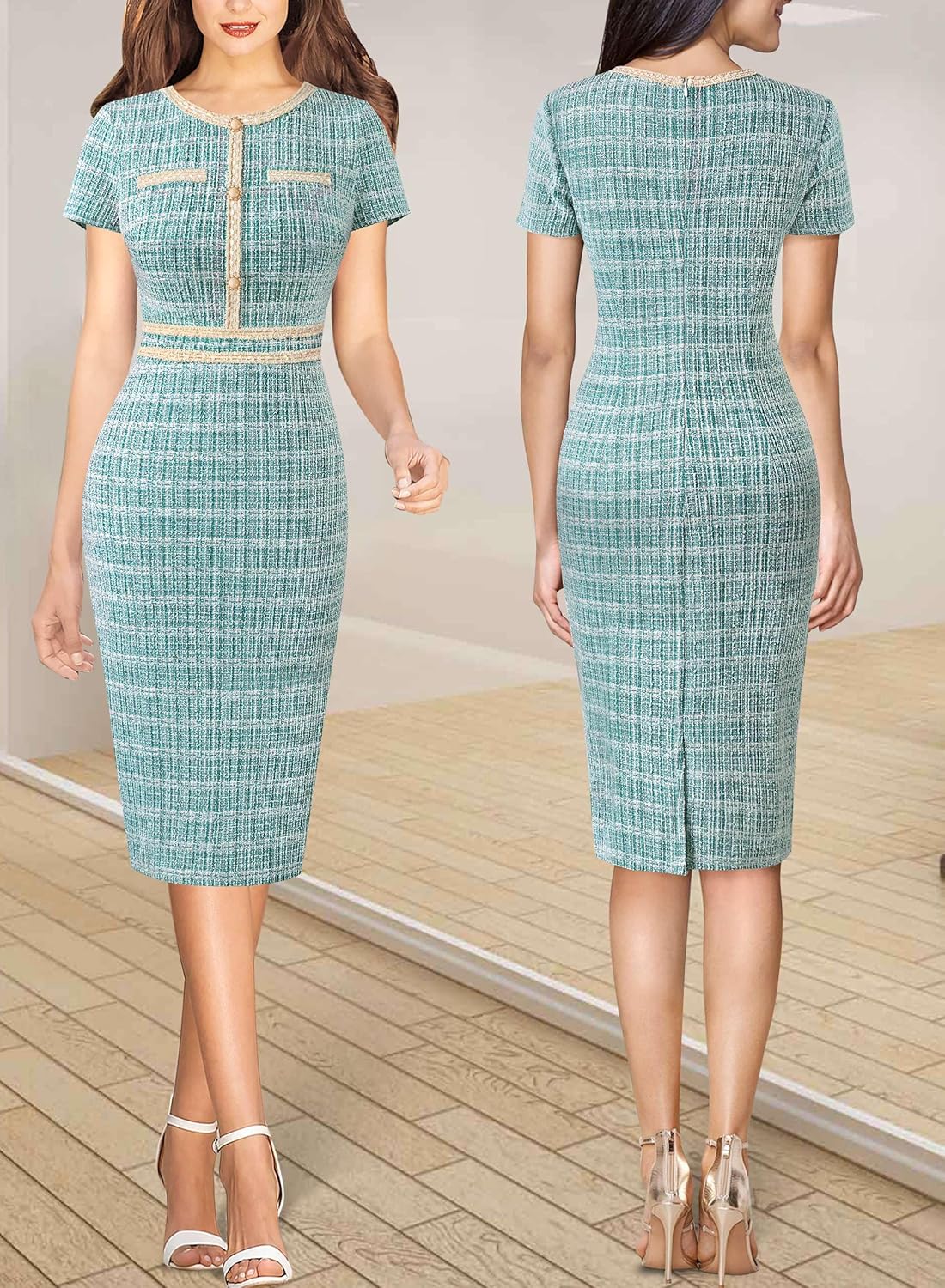 VFSHOW Womens Crew Neck Button Business Work Office Bodycon Dress Short Sleeve Patchwork Tweed Trim Party Pencil Sheath Dress - Image 2