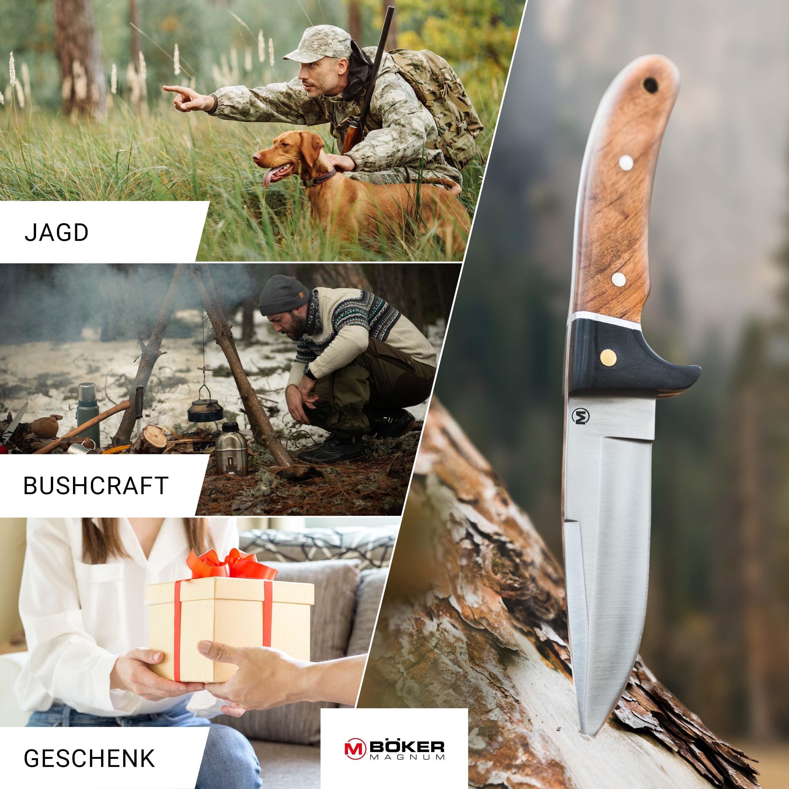 BÖKER MAGNUM® Elk Hunter scharfes Fahrtenmesser - feststehendes Messer mit Parierelement - robustes Jagdmesser mit Leder-Scheide