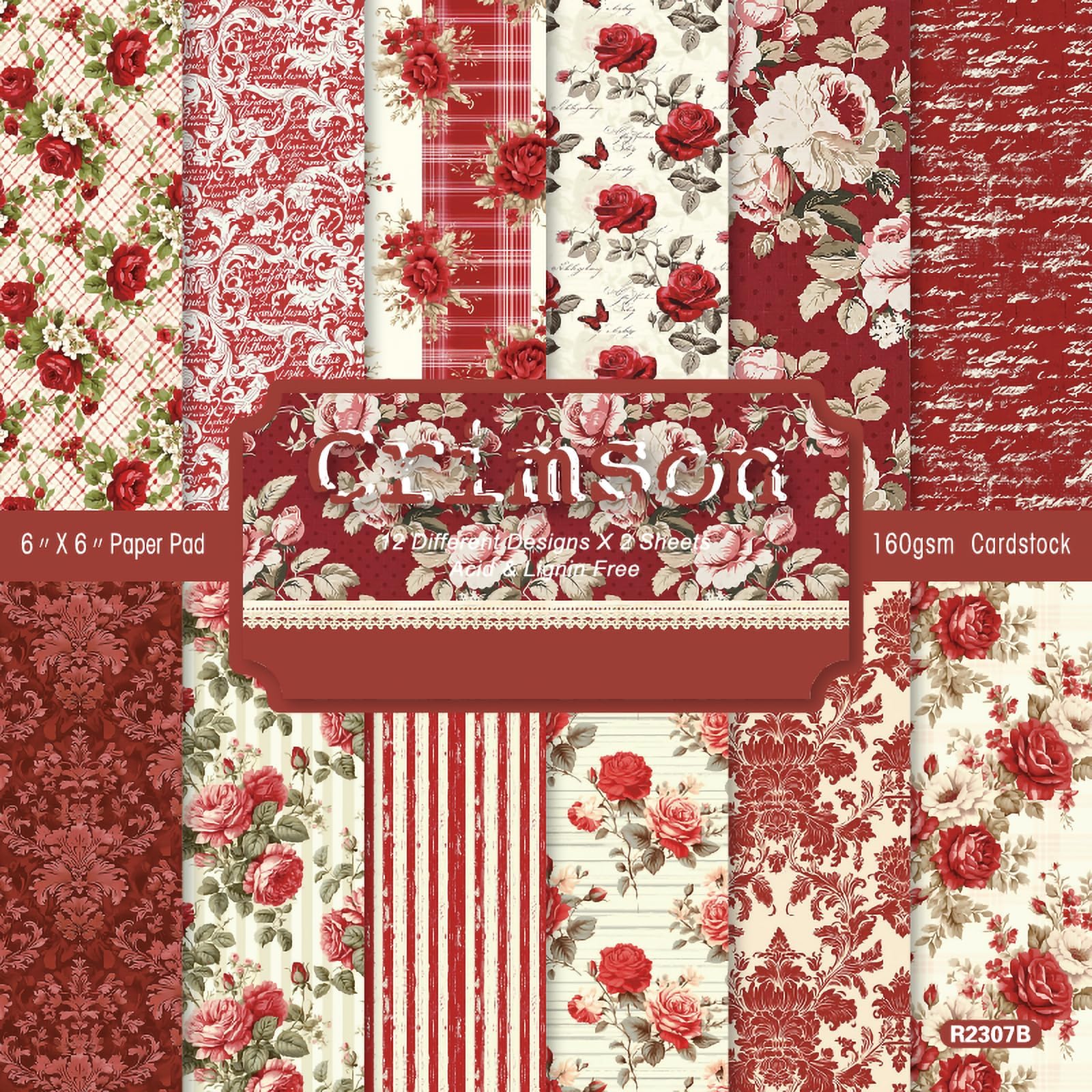 24 Sheets 6'' x 6'' Vintage Red Rose Pattern Scrapbook Paper One Sided Cardstock for DIY Card Making (Rose)