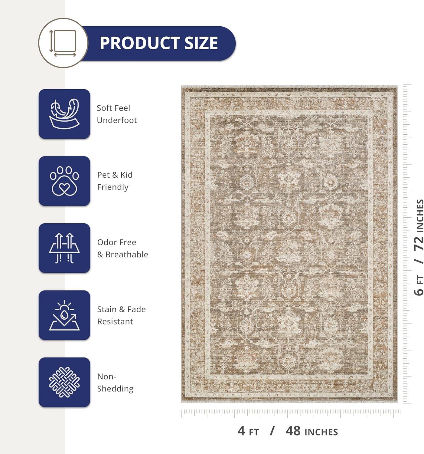 Abani Oriental & Vintage Area Rug - 4'x6' Brown Rectangle Rug for Living Room & Bedroom - Alara Vintage Collection