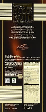 Moser Roth Fine German European Dark Chocolate 70% / 85% Cocoa (6 Pack) (85% Dark Chocolate)