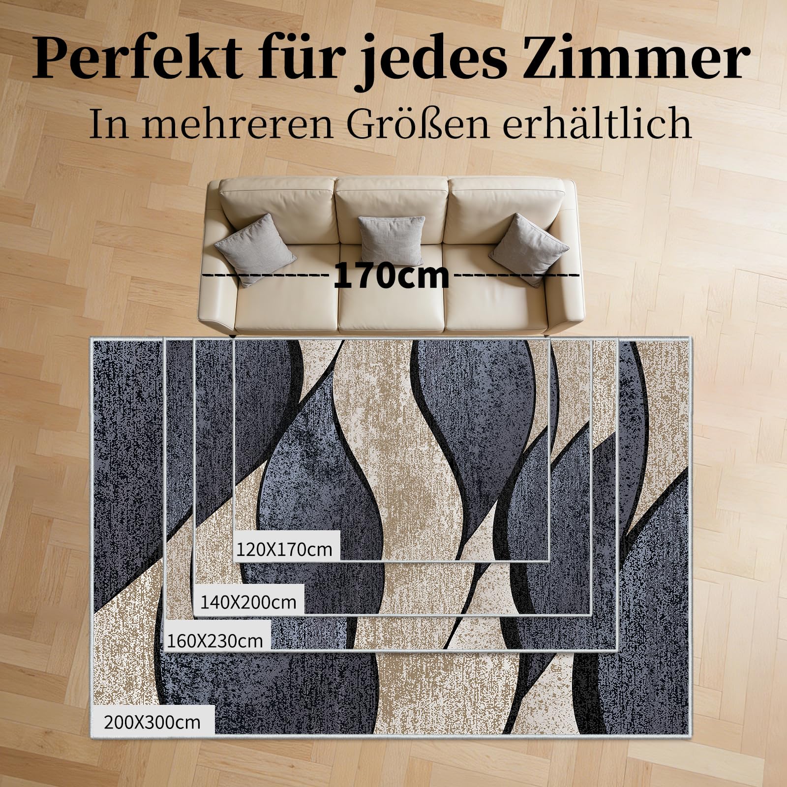 Teppich 160x230 cm, Waschbar, rutschfest, Kurzflor Wohnzimmer Teppich im Modernen Wellenmuster, Pflegeleichter Teppich für Schlafzimmer, Esszimmer, Küche und Büro