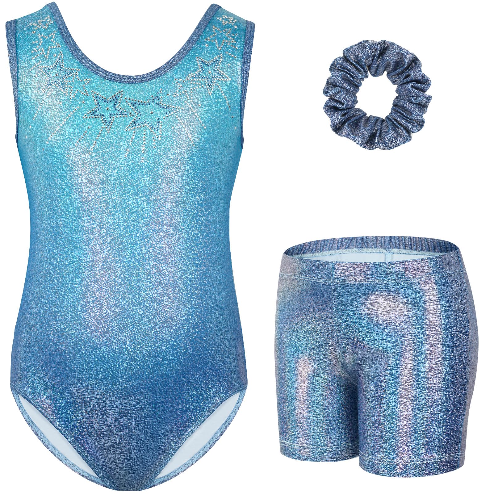 Gogokids, Completo da ginnastica bambina composto da tre pezzi, body senza maniche, pantaloncini e fascia per capelli, tuta danza classica scintillante, con design a colori sfumati, dai 3 ai 12 anni