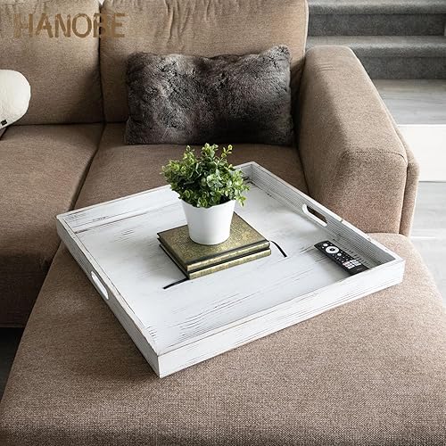 Miniatura 9 de Hanobe Bandeja otomana cuadrada grande: bandeja extra grande para servir con asas, bandejas decorativas de madera rústica, mesa auxiliar, decoración