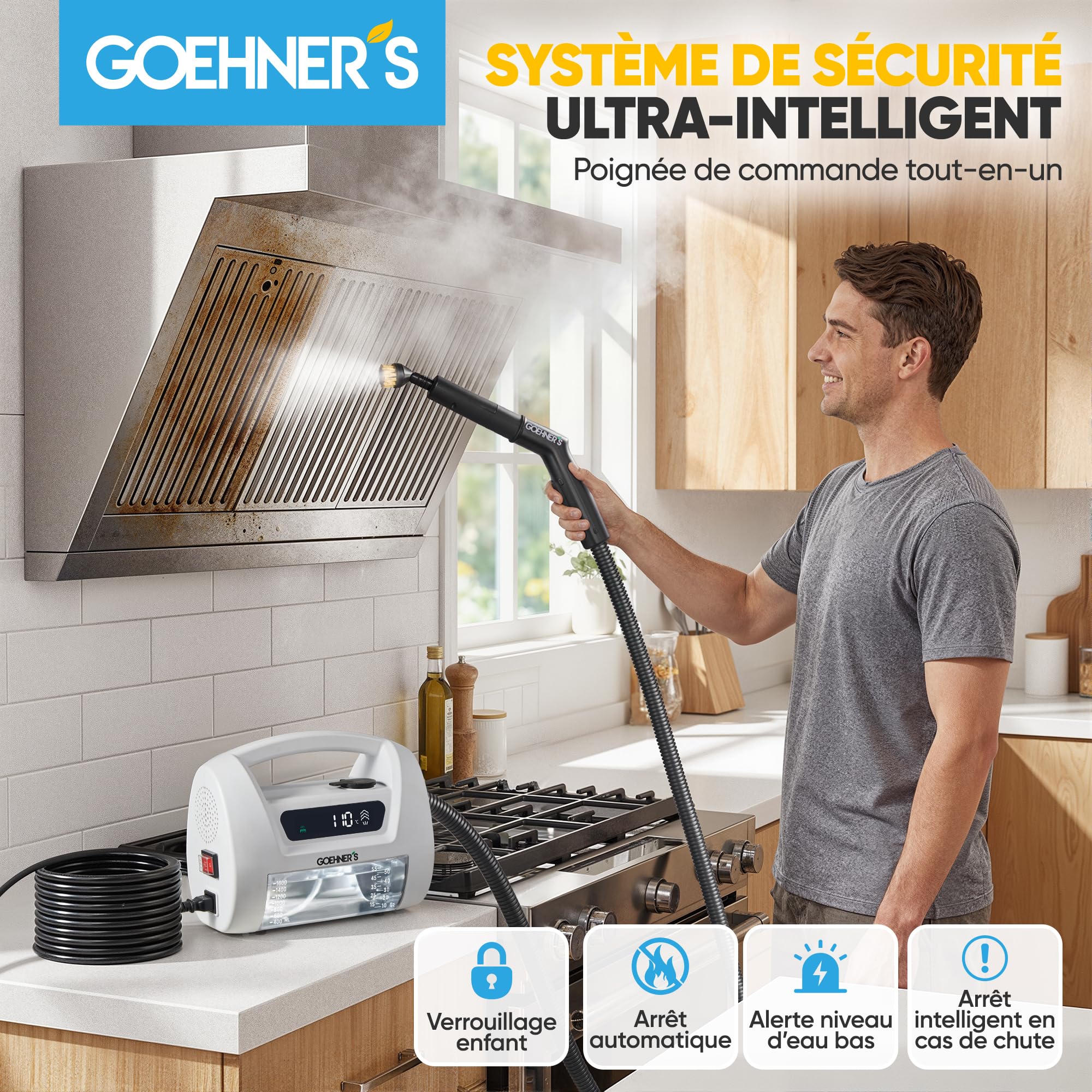 Nettoyeur Vapeur Haute Pression Portable, Appareil à Vapeur 110℃/3,5Bar pour la Maison, Chauffage Rapide 30s avec 3 Niveaux de Vapeur, Convient pour Carrelage, Cuisine, Salle de Bain et Voiture, Blanc