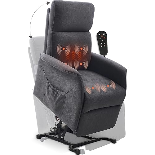 Power Lift Recliner Chair with Massage and Heating Functions for Elderly, 3 Positions, 2 Side Pockets, Fabric, Gray
