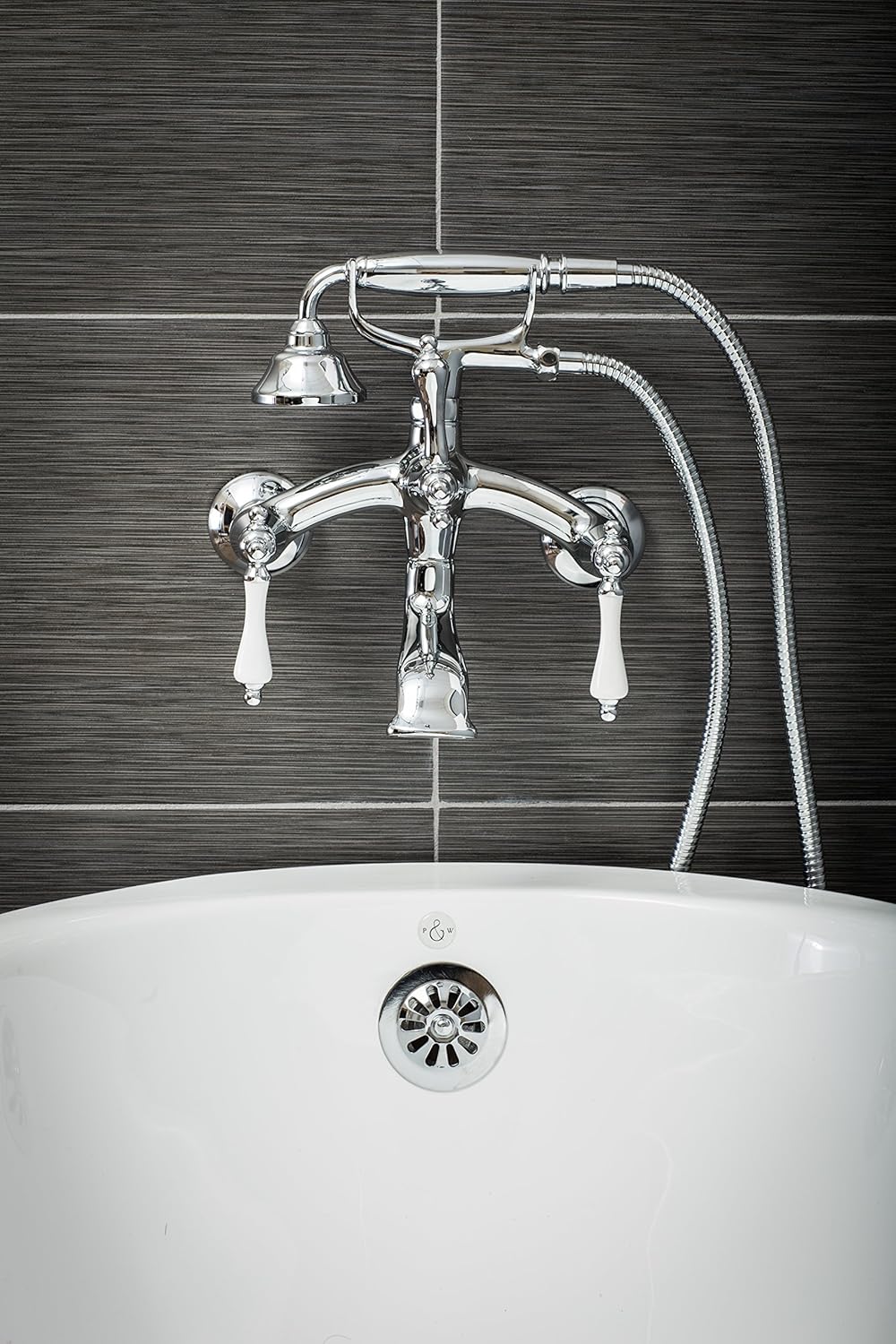 Hottest Sale Luxury Clawfoot Tub or Freestanding Tub Filler Faucet, Vintage Design with Telephone Style Hand Shower, Wall Mount Installation, Porcelain Handles, Polished Chrome Finish