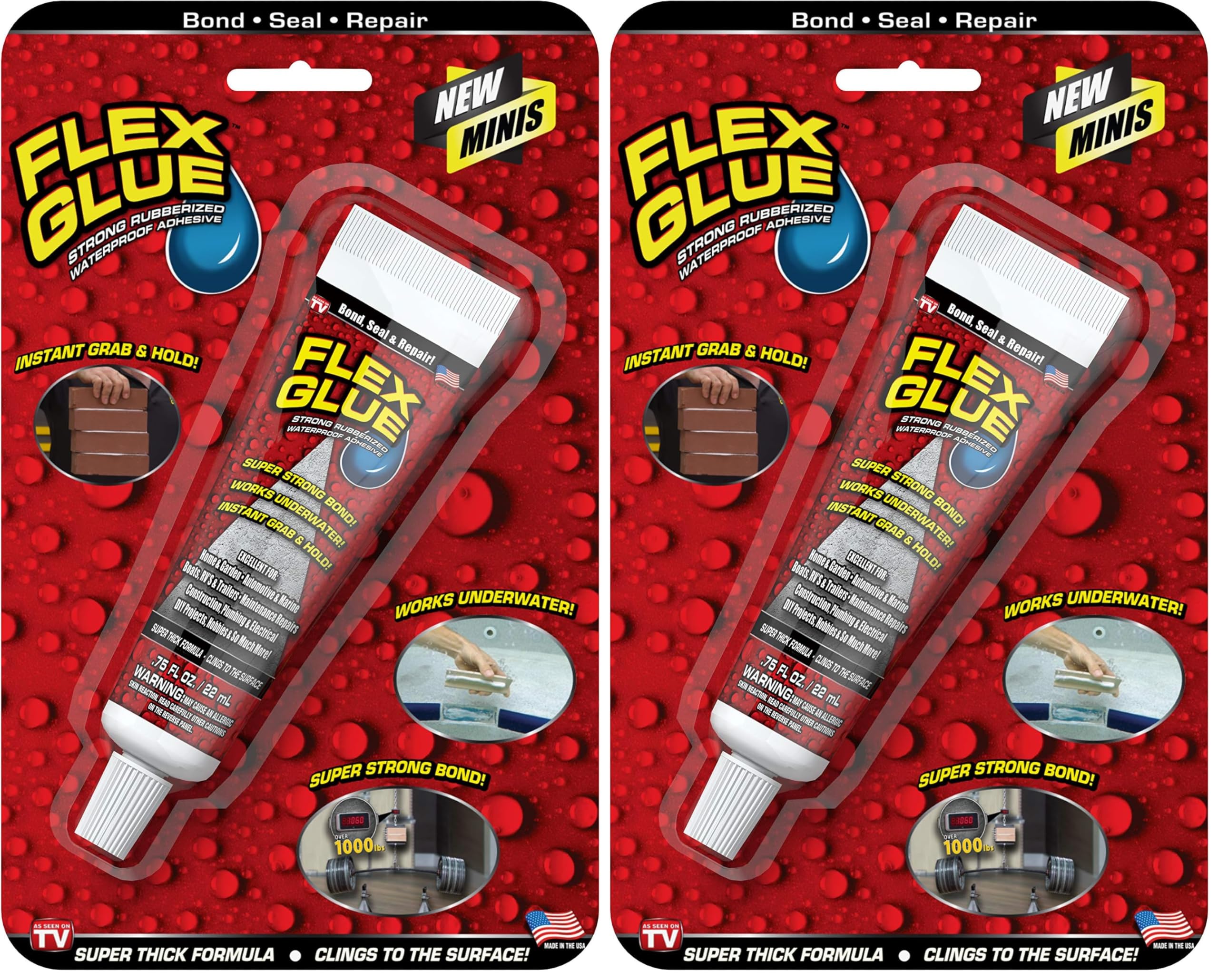 Flex Glue, Mini, White, Super Strong, Rubberized Waterproof Adhesive, Works Underwater, Use On Pools, Showers, Outdoors, Concrete, Brick, Pavers, Masonry, and UV Resistant, 0.75 fl oz (Pack of 2)