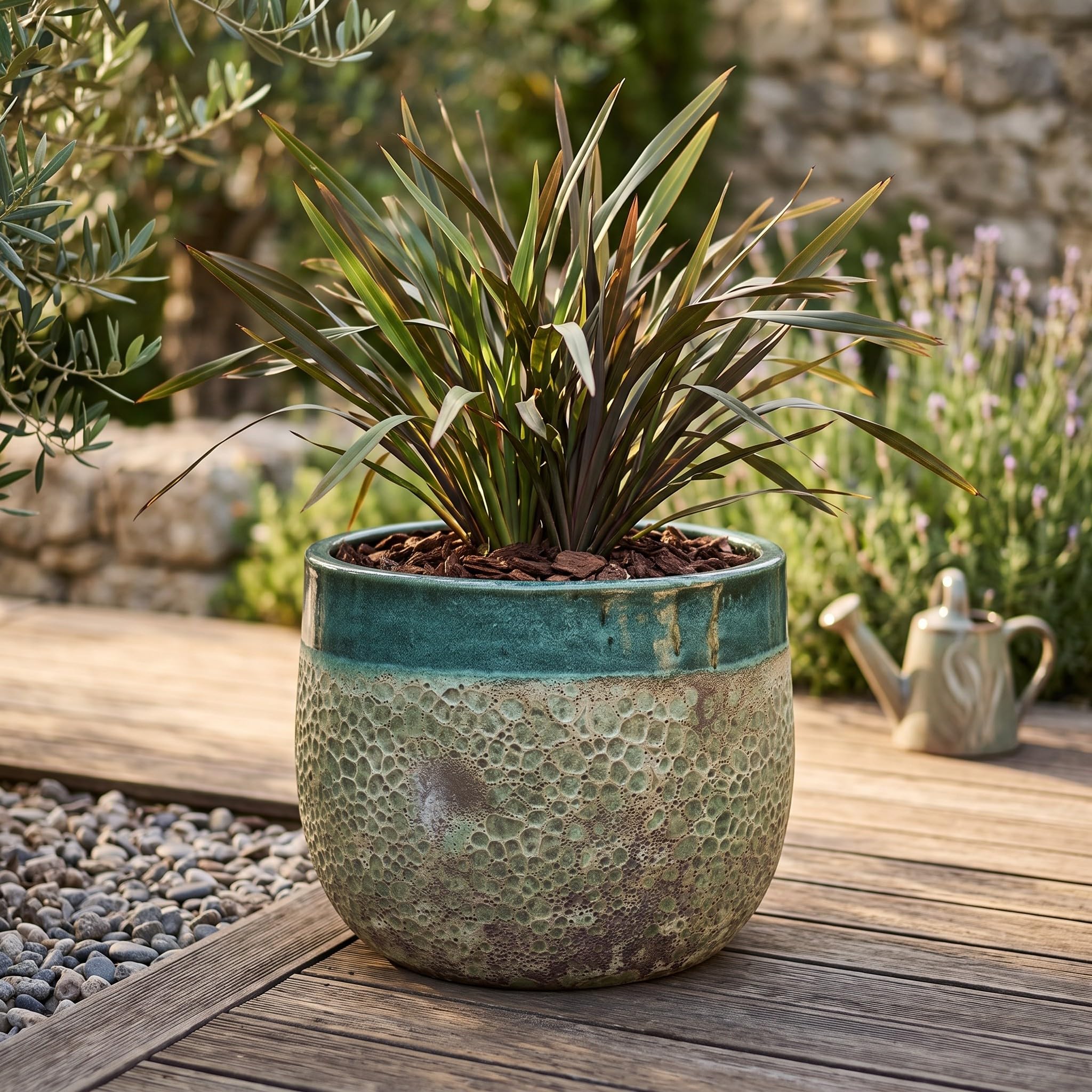 Teramico Vaso per piante in ceramica (verde/turchese) con foro di scarico, resistente al gelo, per interni ed esterni, smaltato strutturato, in gres porcellanato di alta qualità (38 cm x 30 cm)