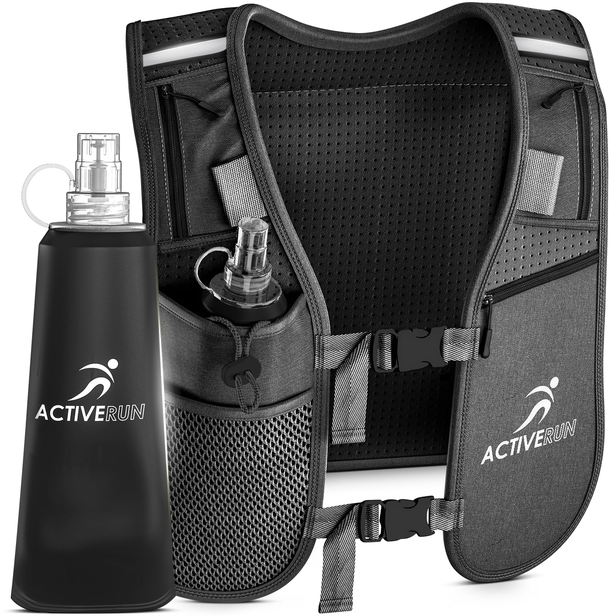 ACTIVERUN | Running Vest - 500ml Water Bottle & Phone Holder – Reflective & Adjustable - Unisex Lightweight Vest with 6 Storage Compartments for Running, Cycling & Hiking (black)
