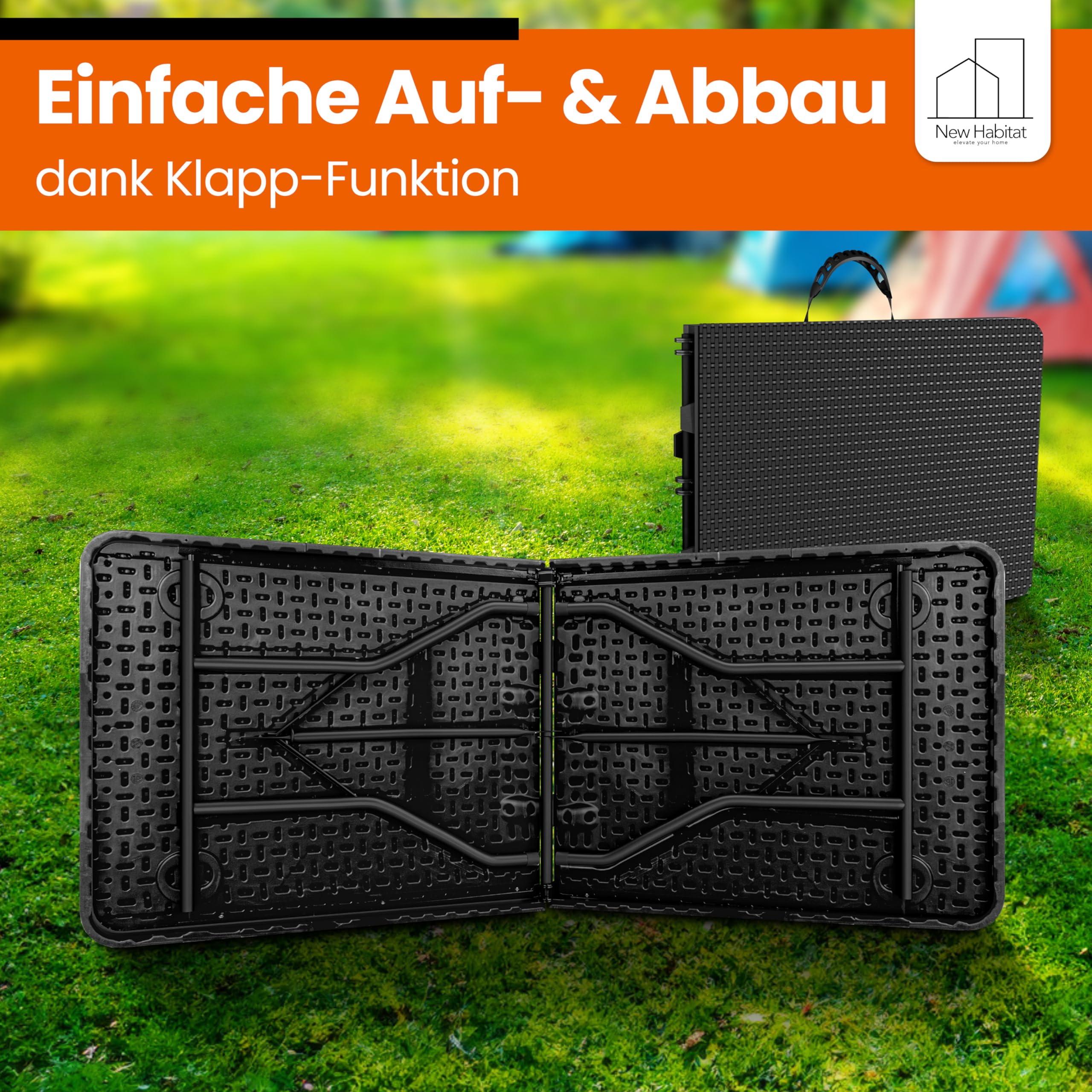 NewHabitat Buffettisch klappbar – Gartentisch klappbar aus Polyrattan I Biertisch wetterfest & faltbar I Stabiler Klapptisch für Garten, Festivals, Camping & Outdoor-Events (Schwarz)