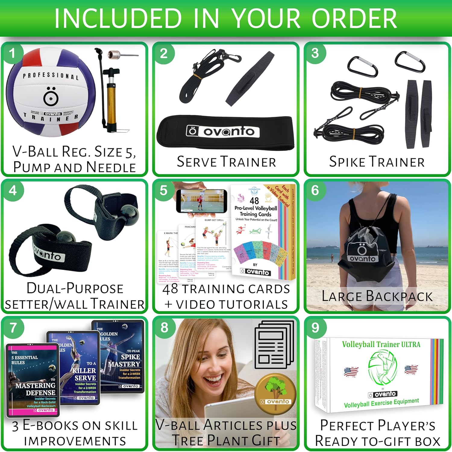 OVANTO Volleyball Training Equipment Aid – Solo Volleyball Equipment in 4 Styles to Serve, Spike, Set and Pass Like a Pro - Adjustable Volleyball Practice Equipment Gift for Beginners & Experts