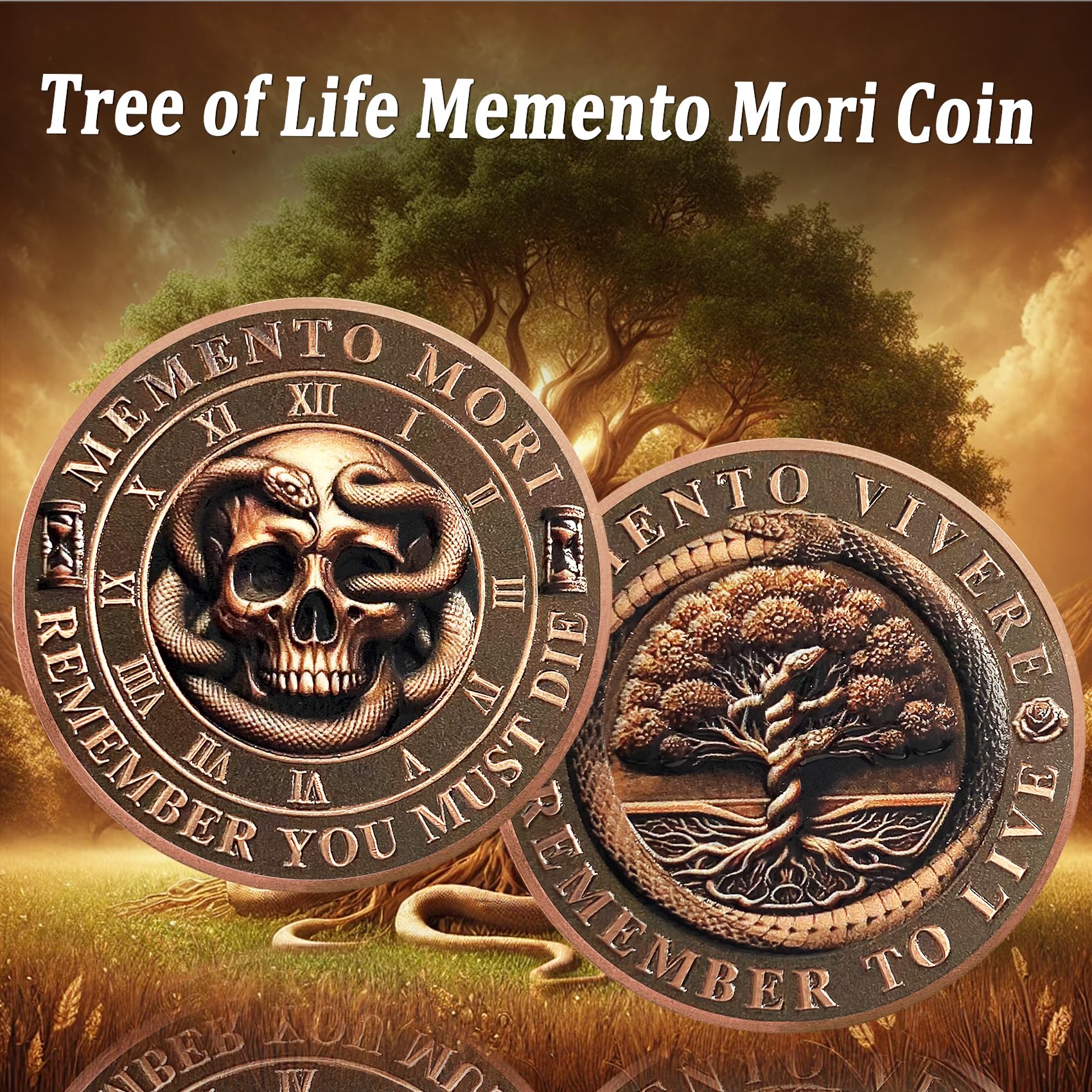 ACGZQY Skull Memento Mori Coin Tree of Life Memento Vivere Coin with Snake - Stoic EDC Challenge Coin for Daily Practice - Enjoy Today Motivational Reminder Token Stoicism Gifts - Image 2