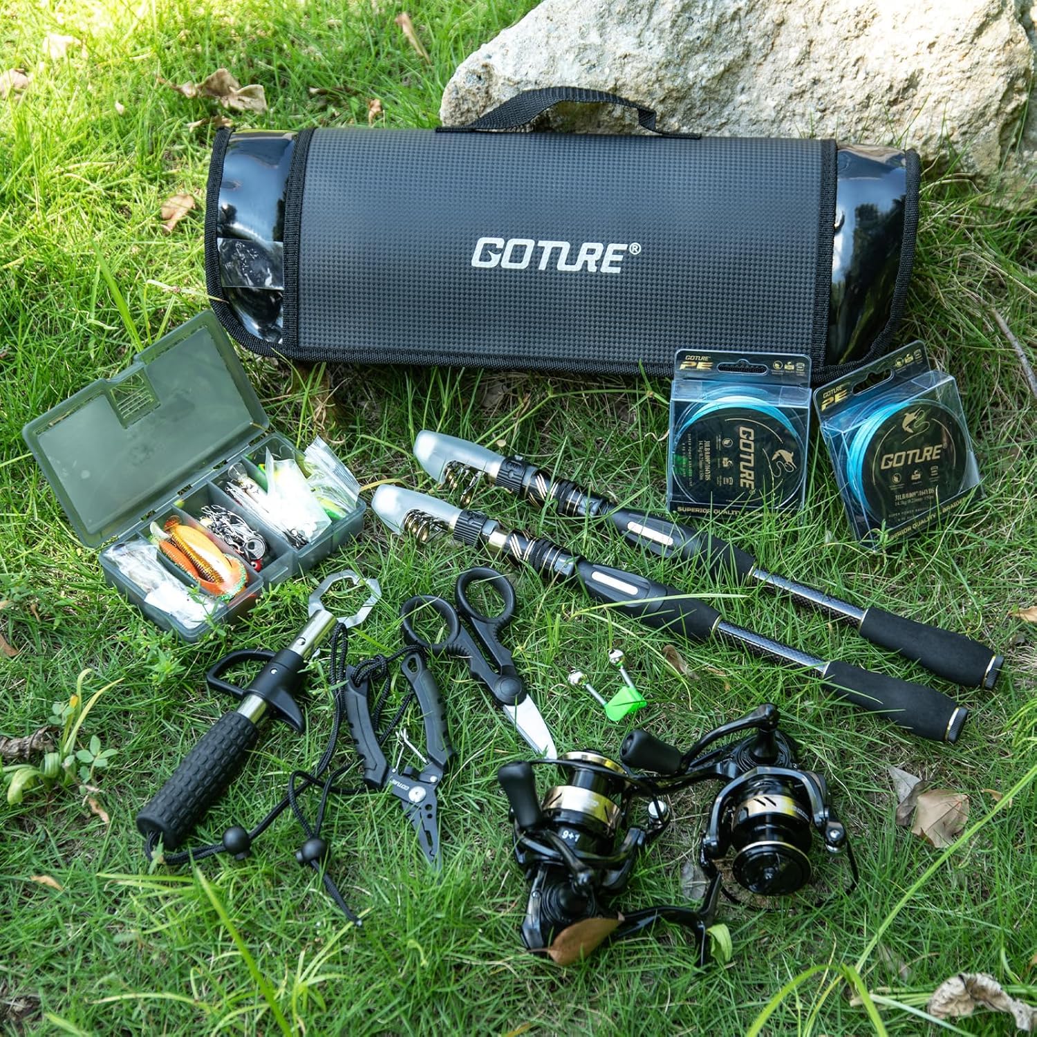 Goture Set da pesca con 2 canne da pesca telescopiche (24T), set completo 2 5.2:1 mulinello (9+1 cuscinetto), filo, scatola per esche e borsa per il trasporto, per acqua salata/dolce, regalo da
