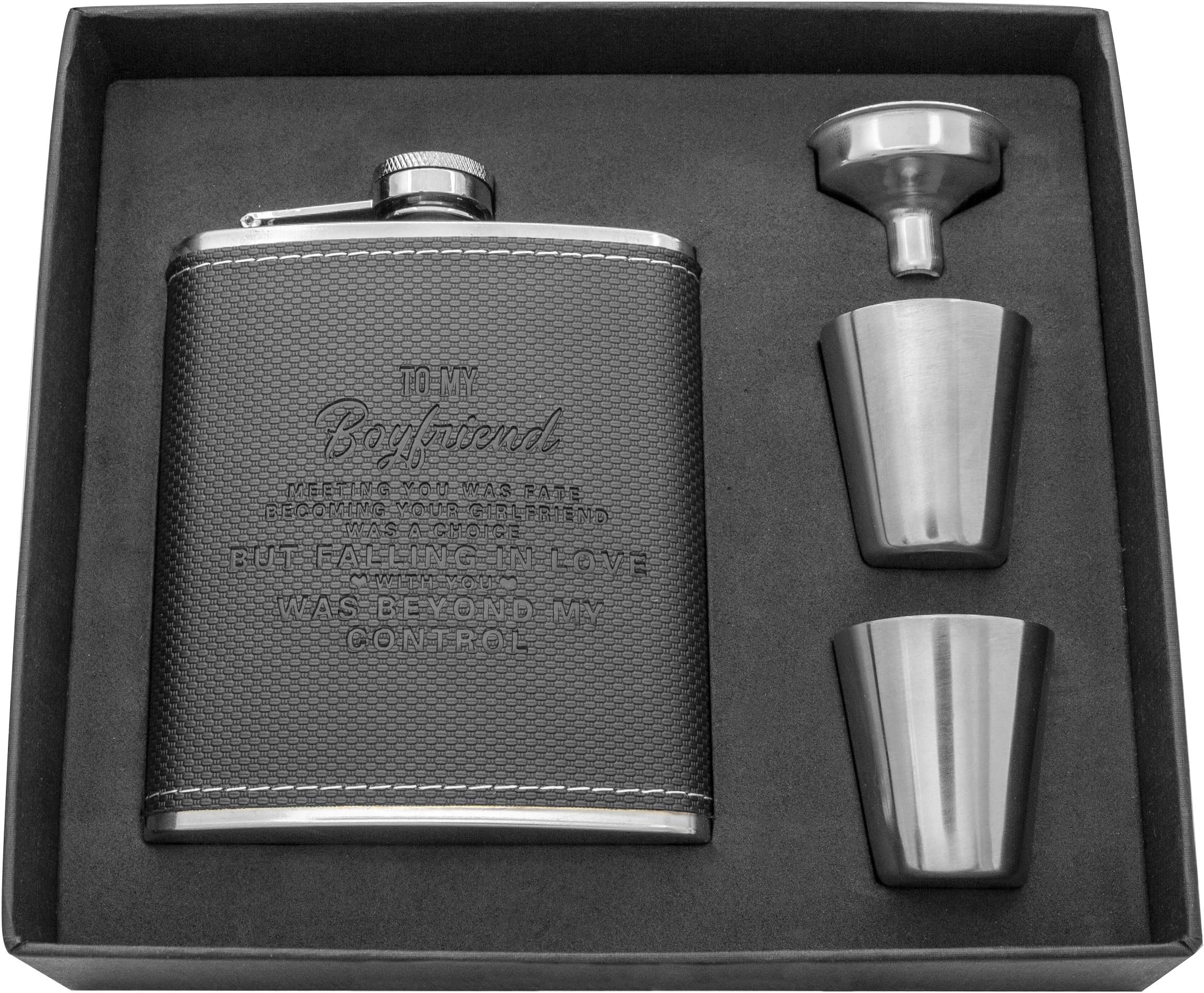 Personalized Flask Set For Boyfriend - Engraved Custom Hip Flasks - Stainless Steel with Leather Flask Gifts For Men, Birthday Christmas Valentine's Gift For Boyfriend