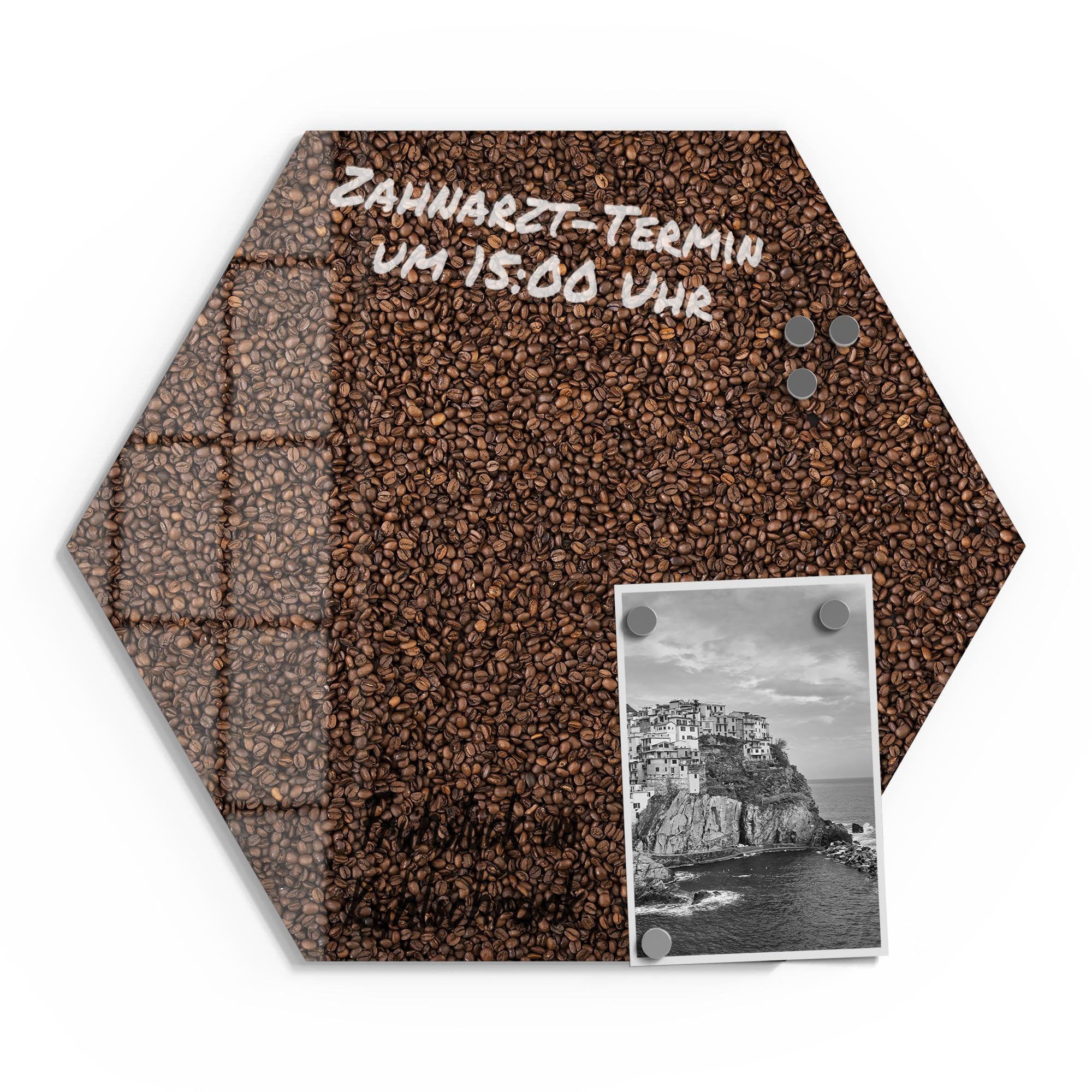 DEQORI Szklana tablica magnetyczna | sześciokątny rozmiar 40 x 34,5 cm | motyw "Kawa ziarnista morza" | tablica memo ze szkła | tablica magnetyczna z magnesami, długopisem i ściereczką do kuchni i