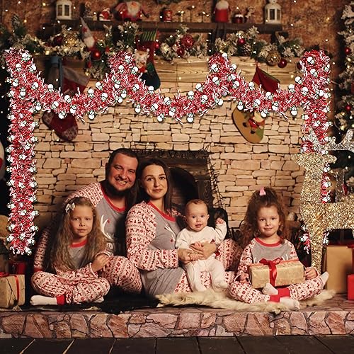 Miniatura 7 de Guirnalda de oropel de Navidad de 50 pies con muñeco de nieve, bastón de caramelo, rojo metálico, guirnaldas de Navidad para decoración de árbol,