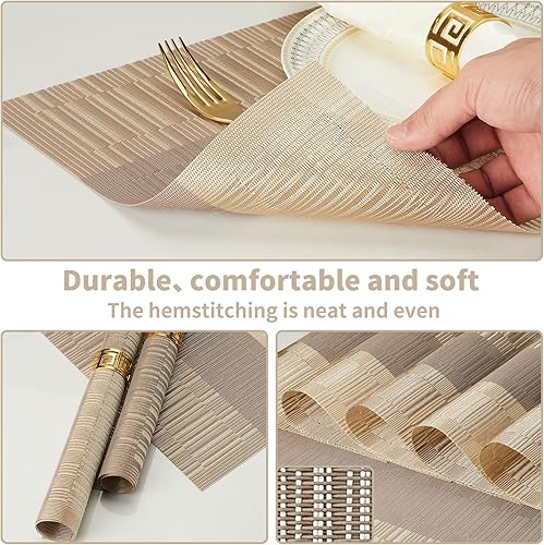 Miniatura 7 de Juego de 6 manteles individuales modernos color champán de PVC duraderos, manteles individuales tejidos de vinilo para mesa de comedor, resistentes