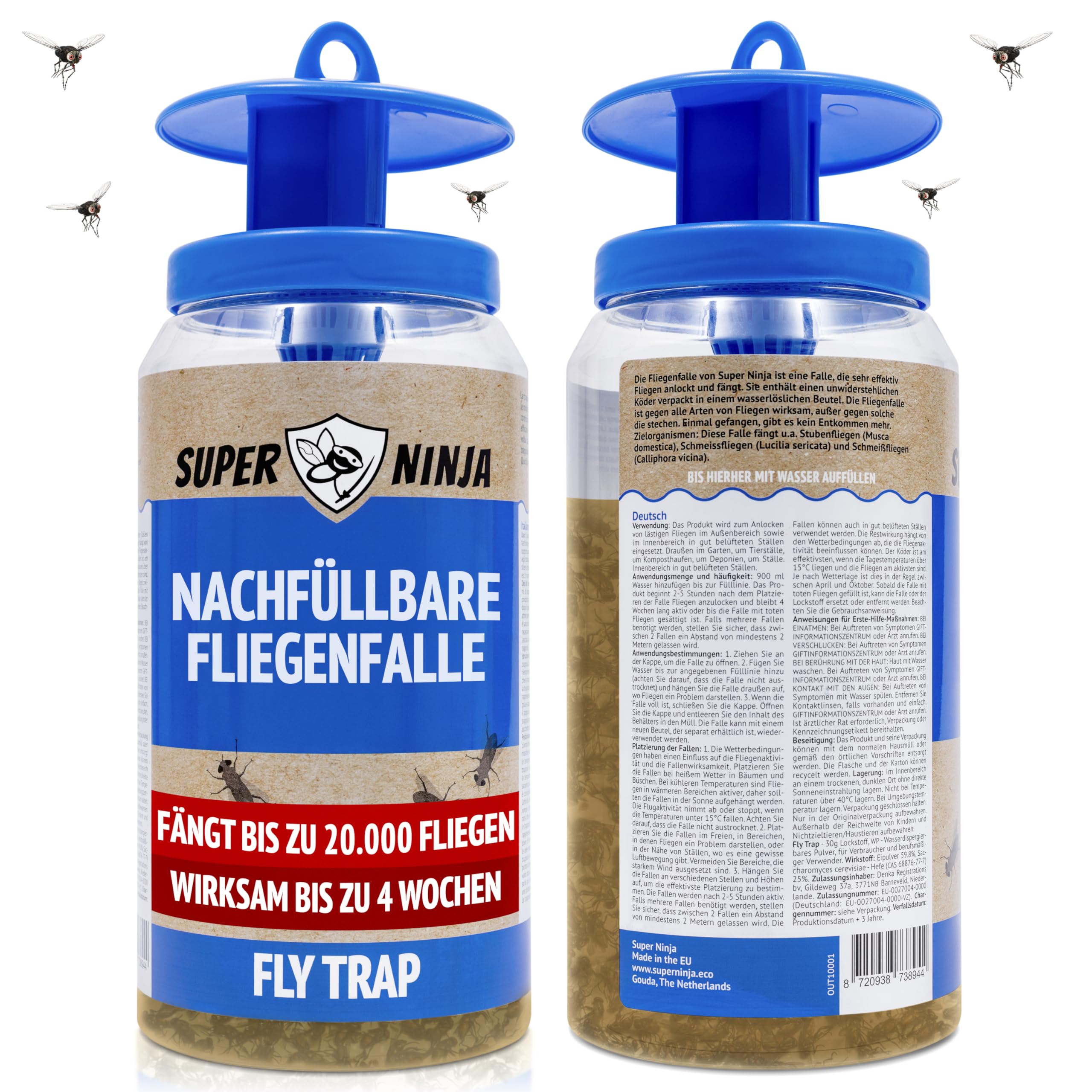 Super Ninja Fliegenfalle Draußen – Wiederverwendbare Fliegenfänger mit nachfüllbarem, Nicht-giftigem Lockstoff, Fängt bis zu 20.000 Fliegen, 4 Wochen Schutz, Mit wasserlöslichem Beutel