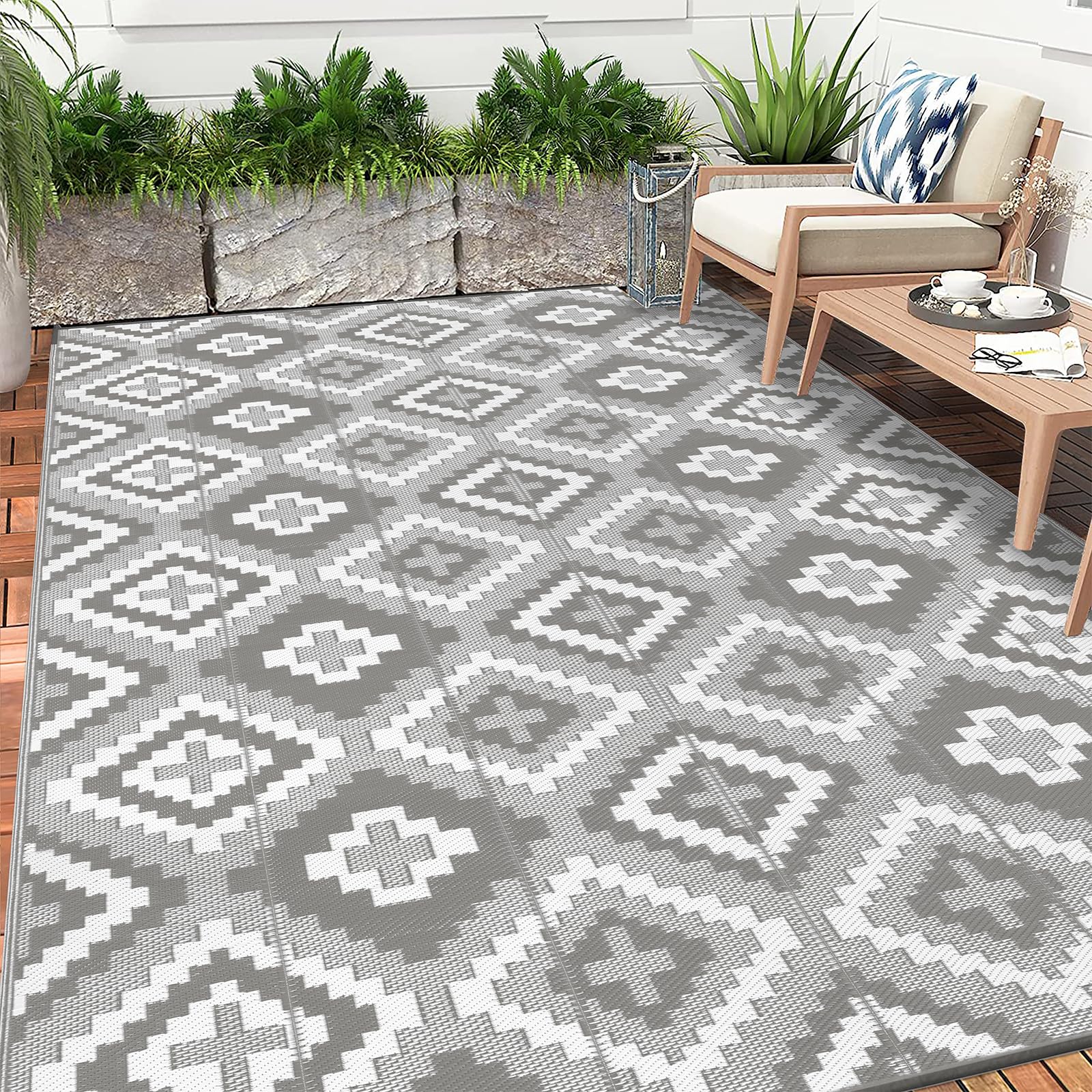 Enyhom Extra Large Outdoor Area Rugs, 240 x 300 cm Waterproof Durable Garden Rug Foldable Recycled Plastic Straw Mat Portable UV Resistant Garden Carpet Rug for RV, Deck, Balcony, Porch, Grey
