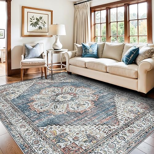 Miniatura 2 de Alfombra lavable para sala de estar, alfombra grande de 8 x 10 pies, envejecida, oriental, antideslizante, no desprende pelusa, para comedor, cocina
