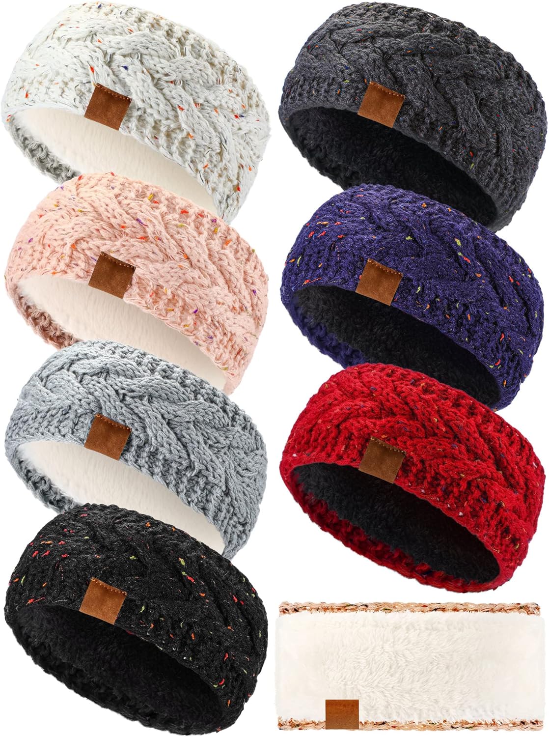 Geyoga 7 Pcs Women Winter Headbands Ear Warmer Women Knit Cable Headbands Fleece Lined Cold Weather Ear Muffs