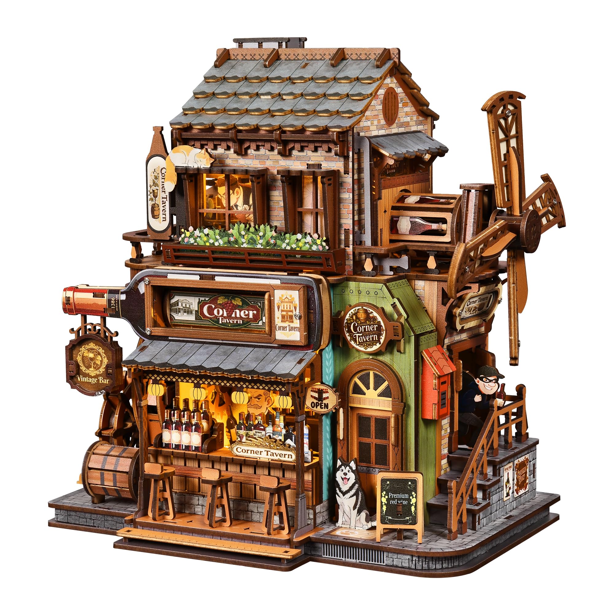 Puzzle 3D Legno Taverna Modellino Musicali con Girandola Che Gira e Luci