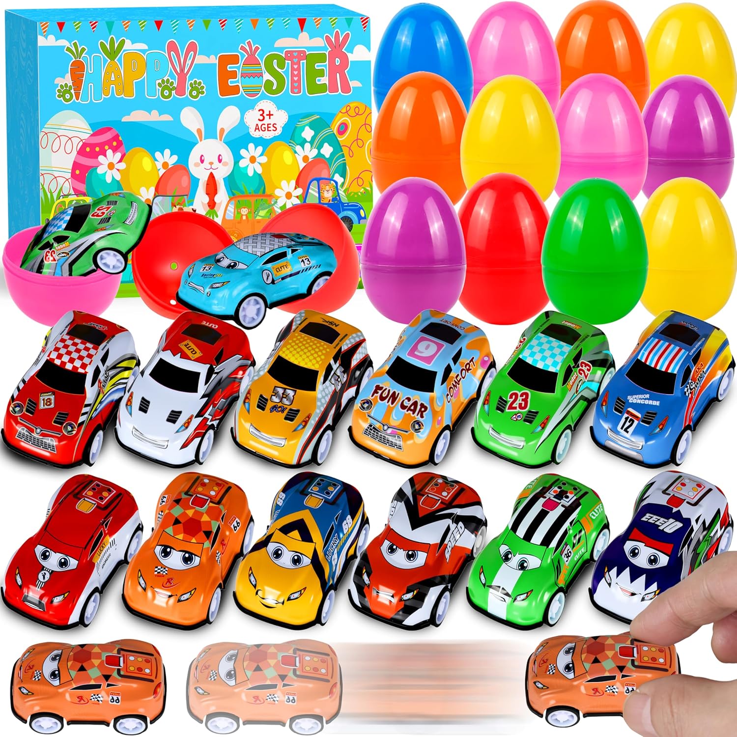 24Pack Prefilled Easter Eggs with Pull Back Cars,Mini Race Car Prefilled Easter Basket Stuffers Gifts Party Favors for Classroom Prizes Goodie Bag Egg Hunt