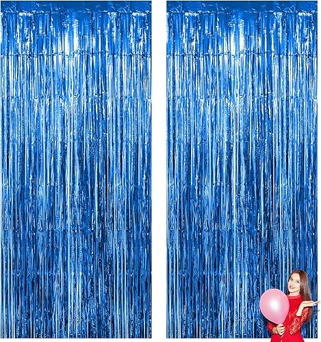 Telón de fondo de cortina de oropel con flecos, 2 piezas, 3.3 x 9.9 pies, cortinas de flecos de papel de aluminio de color azul, telón de fondo
