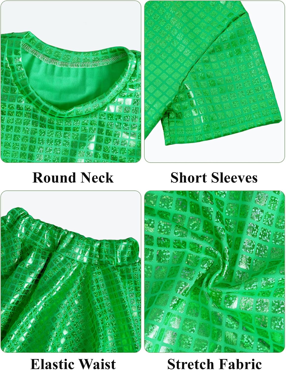 Happy Cherry Kid Girl Shiny Skirt and Top Set 2 Pcs Short Sleeve Metallic Disco Crop Top & Pleated Mini Skirt Set