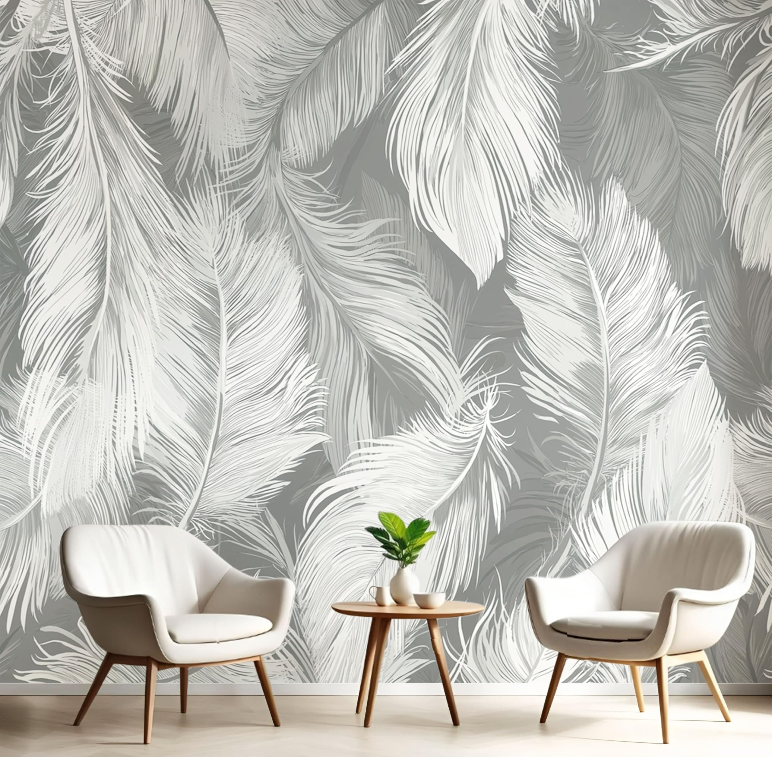 Papier peint panoramique forêt de plumes tapisserie gris argenté