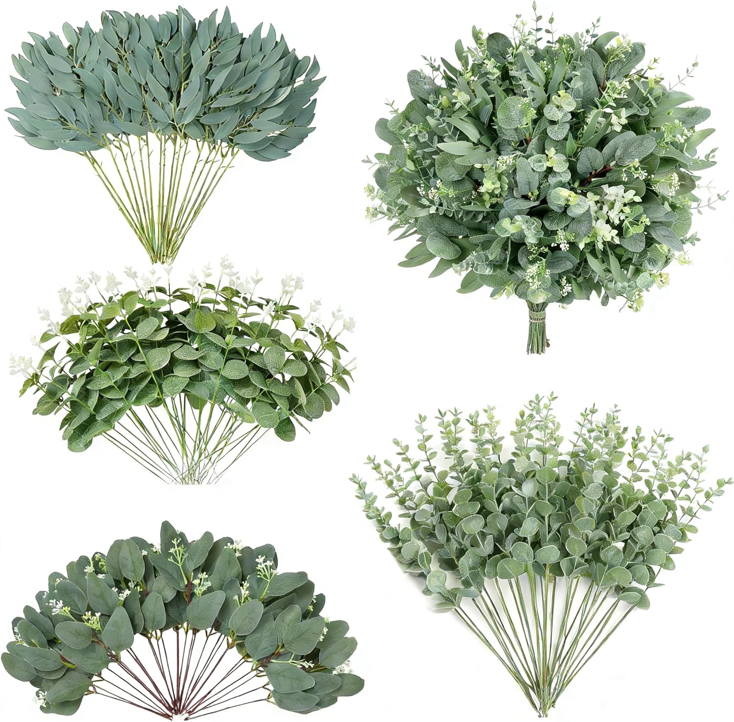 YUSKO 100pcs 4 Kinds Artificial Eucalyptus Stems Bulk, Fake Plants Leaves Bundle, Mixed Greenery Stems for Wedding Party Decor Vase Floral Arrangement