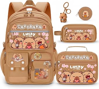 Capybara Backpack for Girls, 4 PCS Capybara Backpack with Lunch Box Set