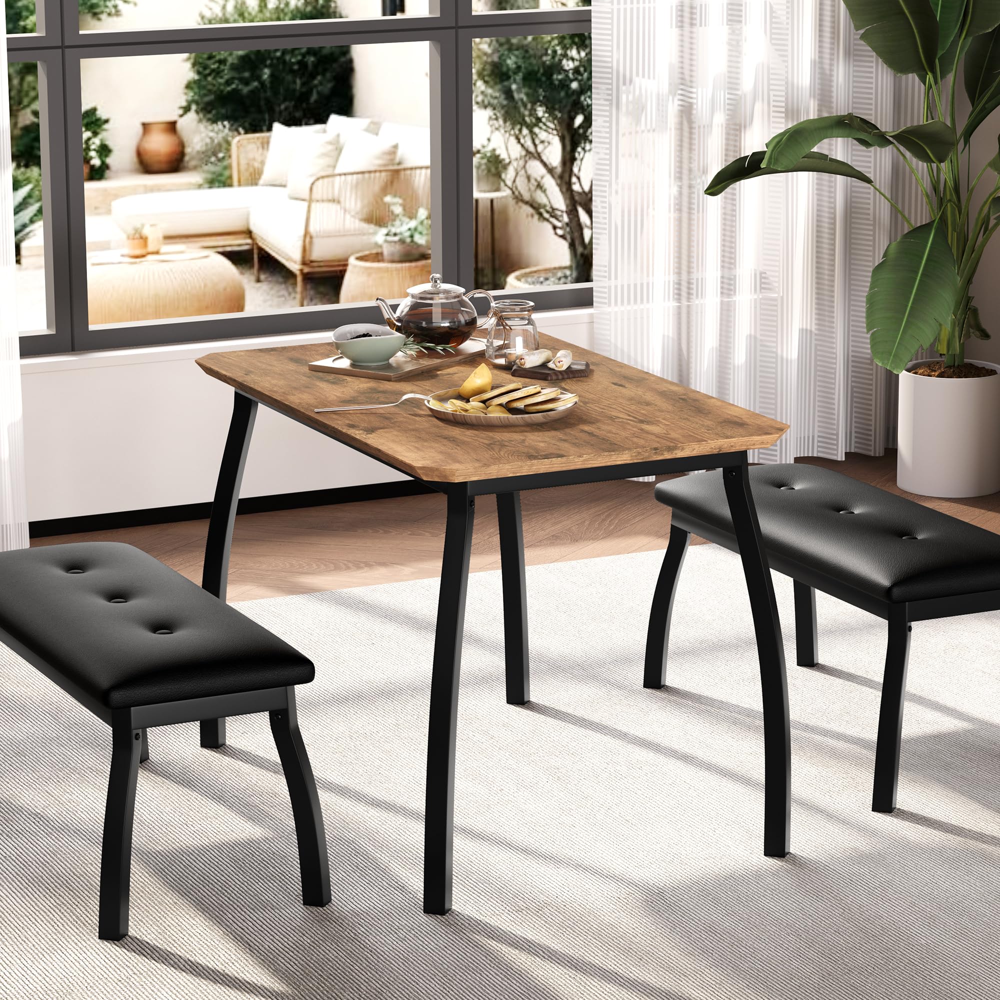 Set di 3 pezzi con tavolo da pranzo salvaspazio per 4 persone, con panca imbottita, moderno, rettangolare, in legno, tavolo e 2 comode panche in pelle PU, per sala da pranzo, cucina, bar, ristorante