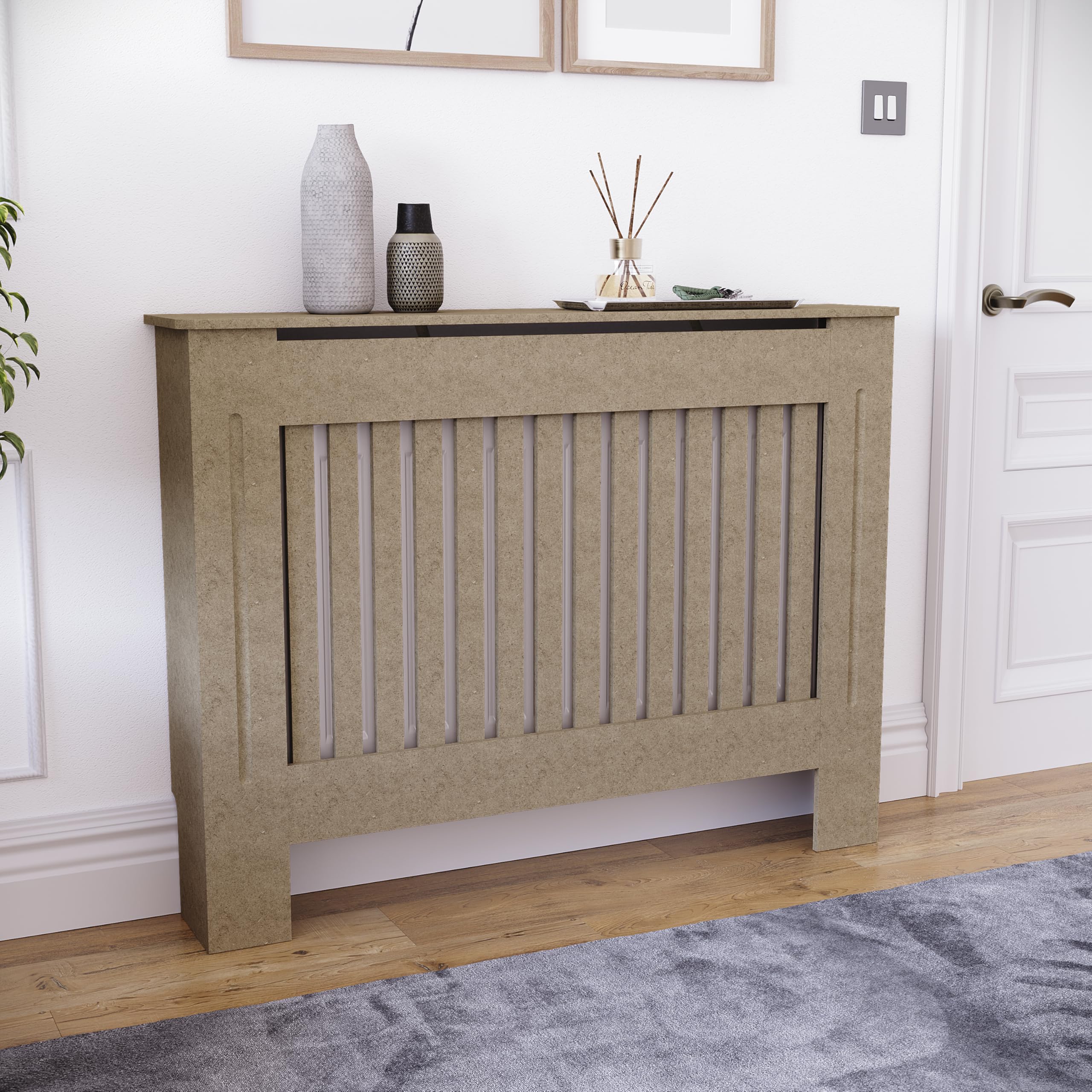 Vida Designs Chelsea Radiator Cover Unfinished - Medium - Modern Vertical Slat Design For Optimal Heat Circulation - H82xW112xD19cm - Unpainted MDF Cabinet Ideal For Living Room & Hallway