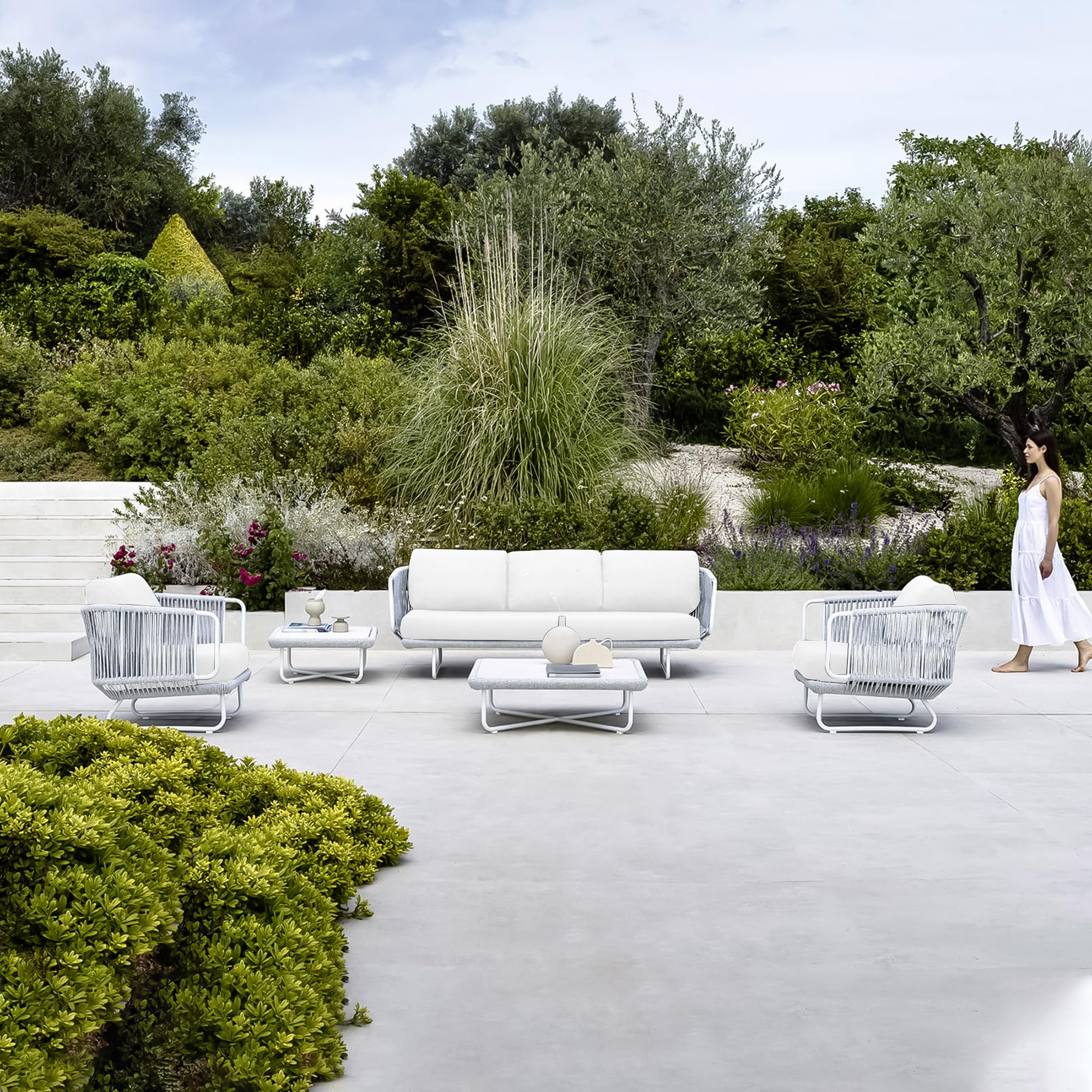 OUTLIVING Outdoor Rope Sofa Set | Balcony Sofa | Patio Conversation Sets | Braided Rope Garden Sofa Set and Table (5 Seater- Grey+Off White)-image-35