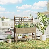 Vista 8 de Outsunny Cama de jardín elevada de 41 pulgadas con enrejado sobre ruedas, maceta elevada de madera con patas y forro de cama, para flores, hierbas