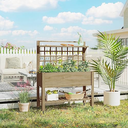 Miniatura 8 de Outsunny Cama de jardín elevada de 41 pulgadas con enrejado sobre ruedas, maceta elevada de madera con patas y forro de cama, para flores, hierbas y