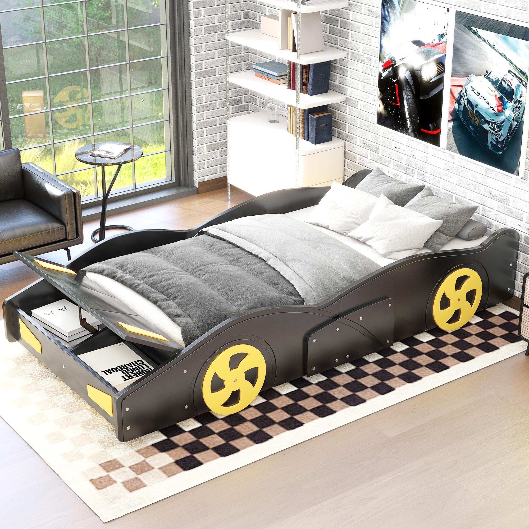 SOFTSEA Car Bed Twin Size for Kids Race Car Shaped Wooden Platform Bed Frame with Wheels and Storage, Black+Yellow