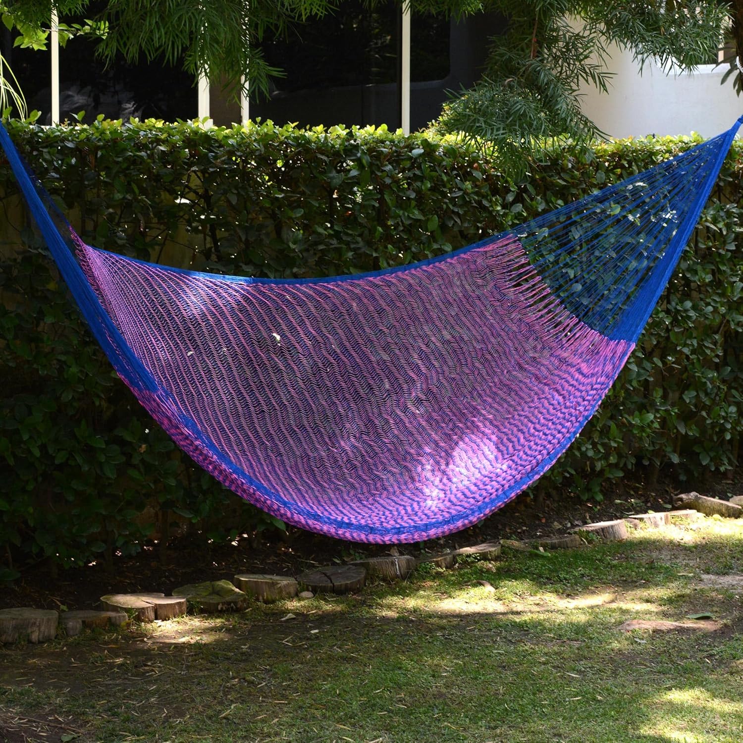 NOVICA Blue Fuchsia Pink Hand Woven Nylon Mayan 1 Person Rope Hammock With Hanging Accessories, 'Iridescent Tropics' (Single)