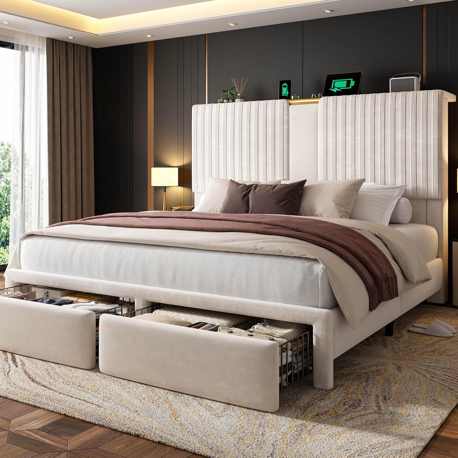 Queen Bed Frame with Velvet Storage Headboard, 2 Large Drawers & 3 Charging Ports, 51.3" Tall Platform Bed Frame Queen Size, Sturdy Wood Slats, No Box Spring Needed, Beige