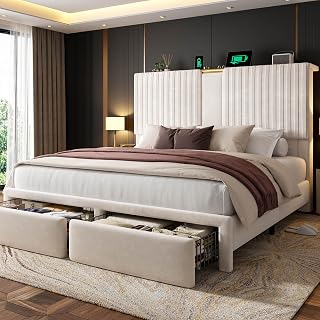 Queen Bed Frame with Velvet Storage Headboard, 2 Large Drawers & 3 Charging Ports, 51.3" Tall Platform Bed Frame Queen Size, Sturdy Wood Slats, No Box Spring Needed, Beige