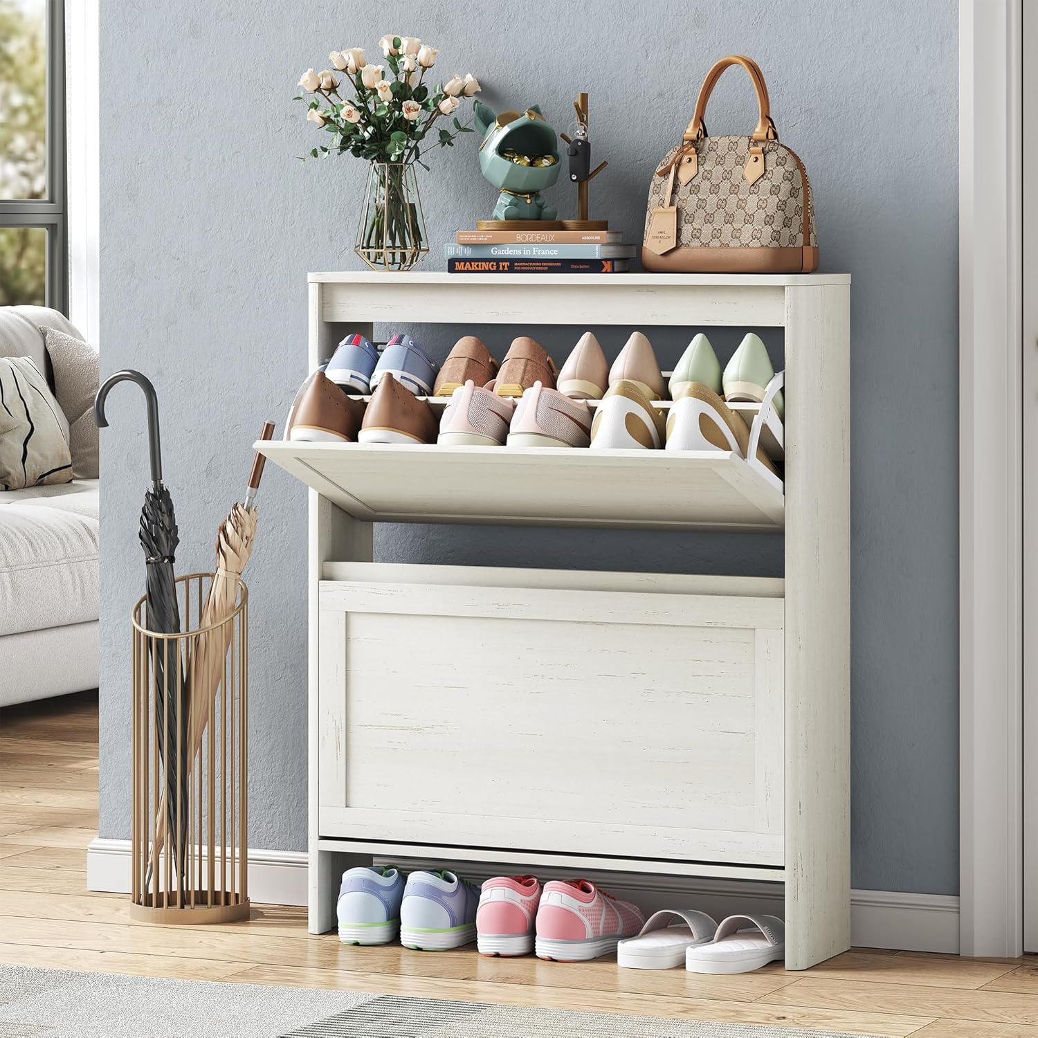 Shoe Storage Cabinet with 2 Flip Drawers, Freestanding Legs for Entryway, Slim Off White