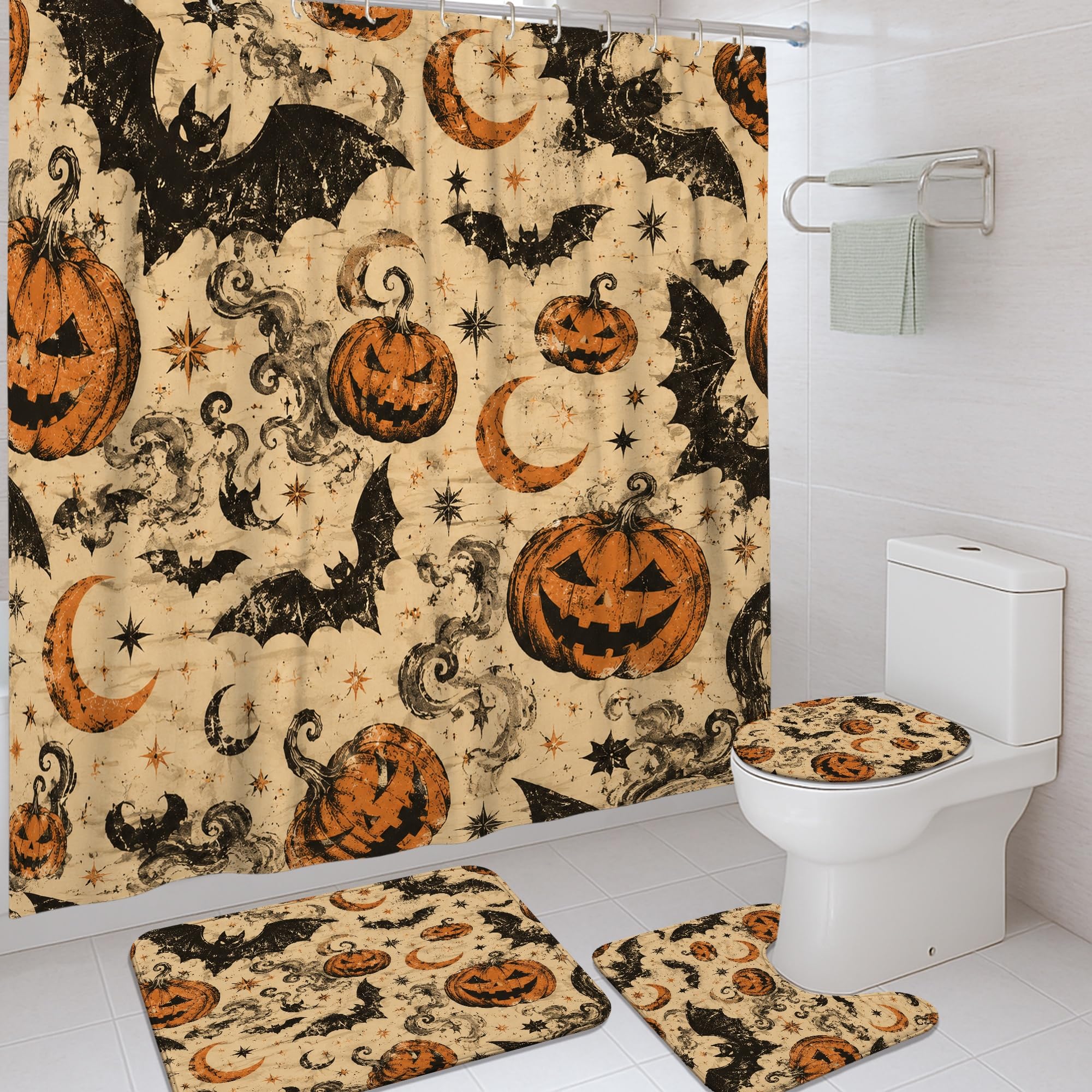 Rideau de douche Halloween orange tissu imperméable citrouilles chauve-souris lune 183cm